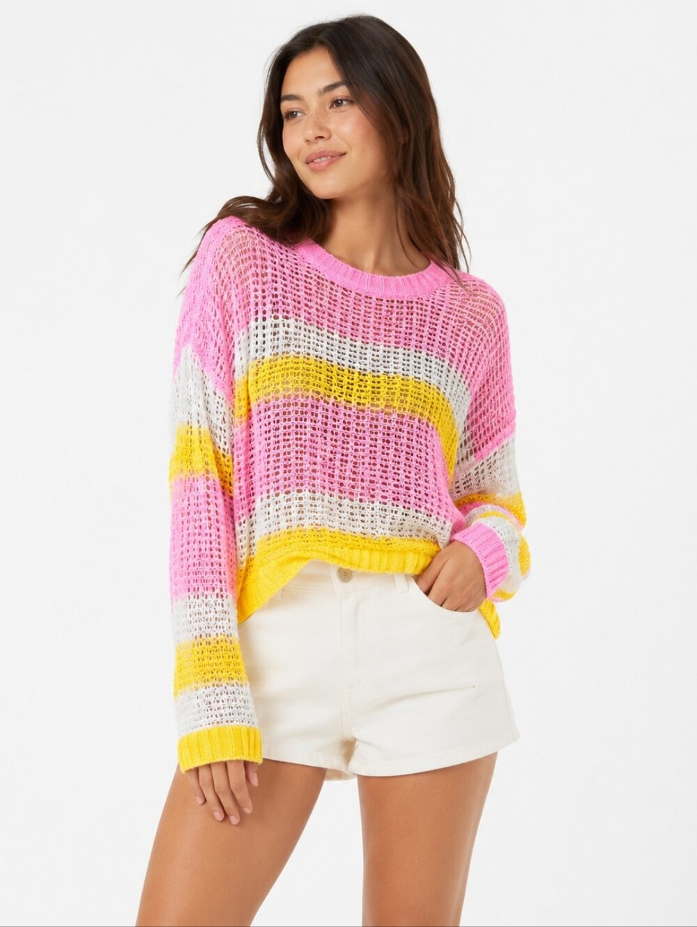 Monki ($100) Open Knit Striped Sweater Pink Yellow White Oversized XS